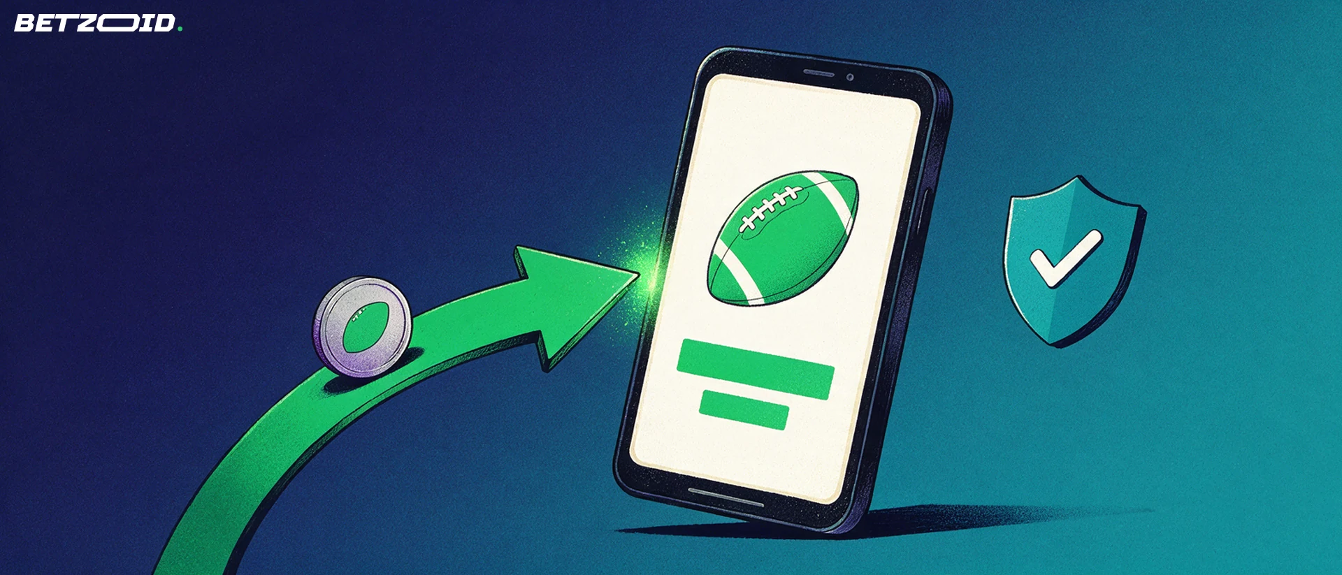 Ilustración de un teléfono móvil con un símbolo de balón en pantalla, una flecha curva que lleva una moneda hacia él y un escudo con una marca de verificación.