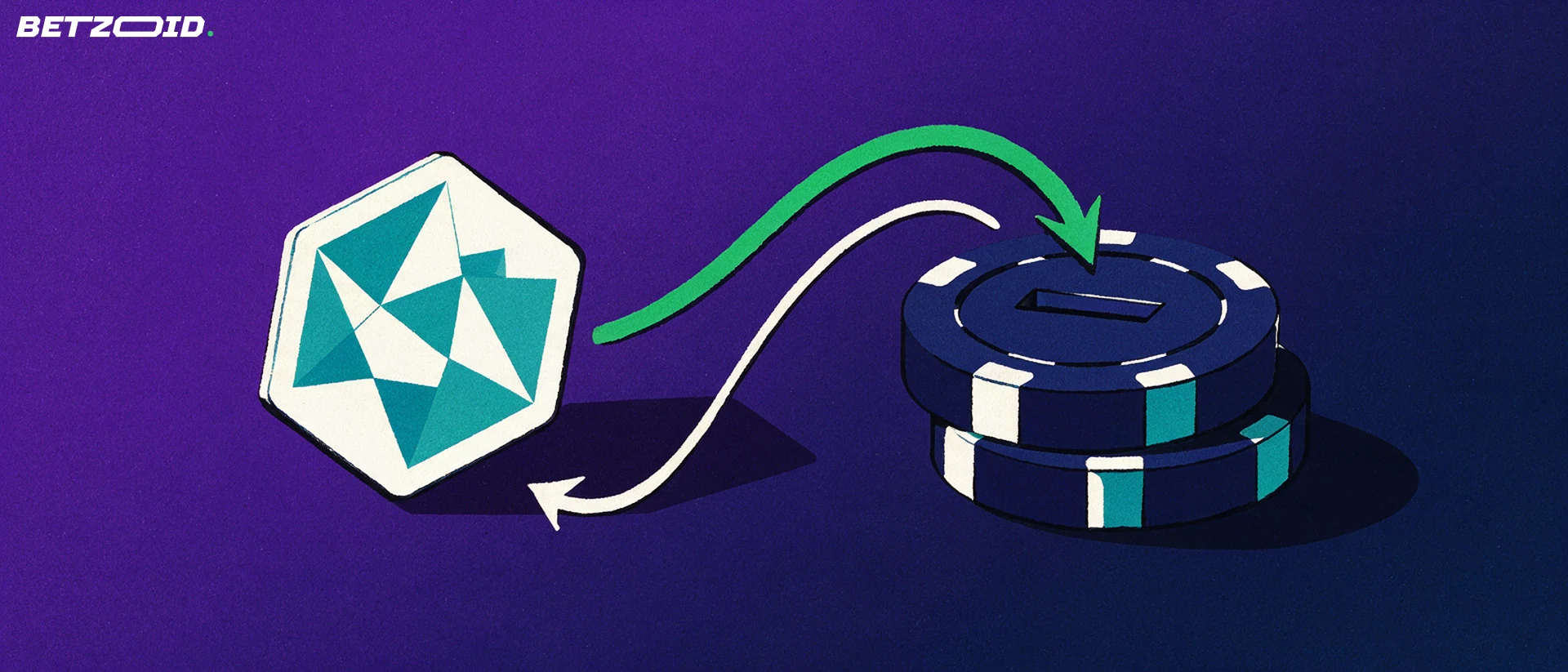 Ilustración de una ficha digital hexagonal conectada por flechas de ida y vuelta con una caja fuerte en forma de fichas de casino apiladas.