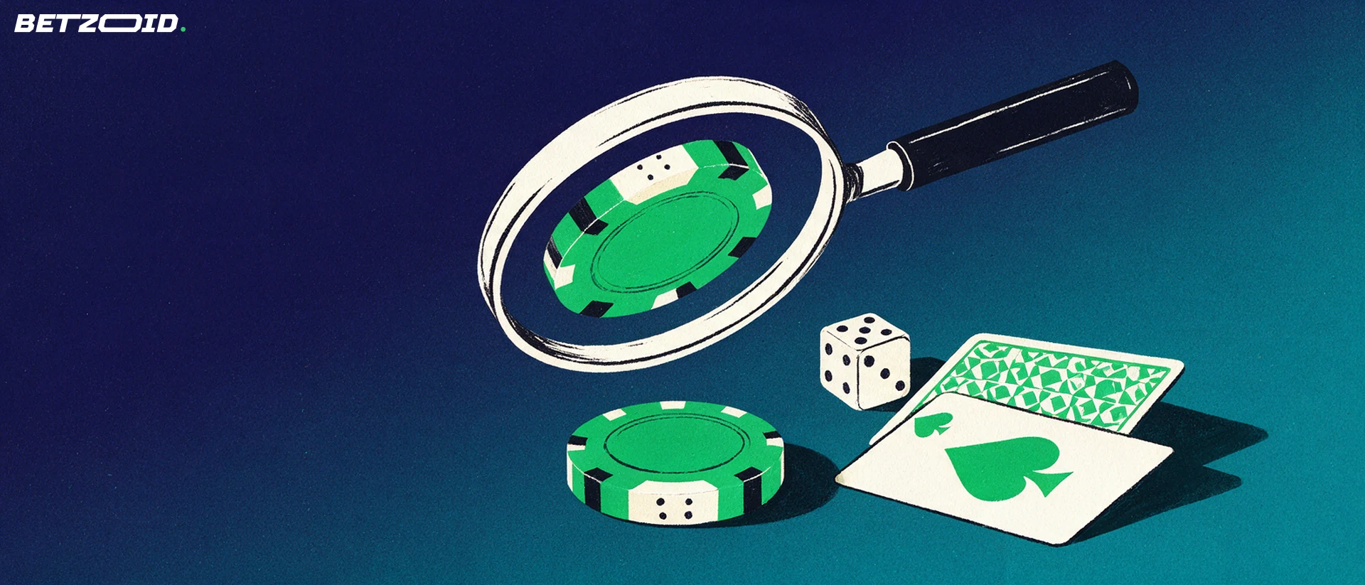 Ilustración de una gran lupa que examina una ficha de casino, dos cartas y un dado sobre fondo azul.