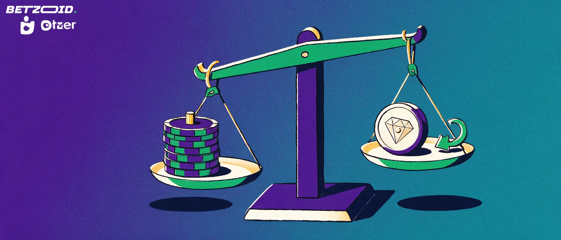 Ilustración de una balanza que compara una pila de fichas de casino con una ficha digital y una flecha circular.