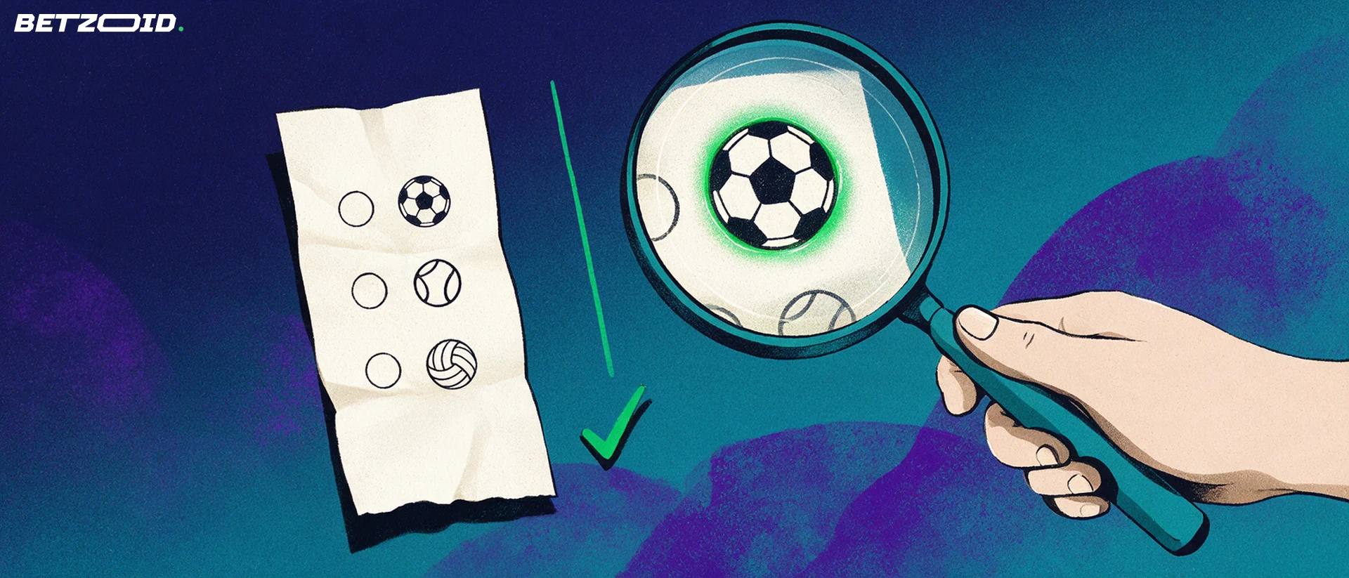 Ilustración de una lupa que examina un boleto de apuestas con iconos de fútbol, tenis y vóley.