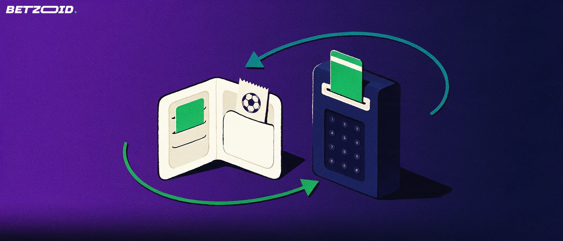 Ilustración de una billetera, una tarjeta y un terminal de pago unidos por flechas que forman un ciclo de depósito y retiro, con un boleto de apuestas de fútbol.