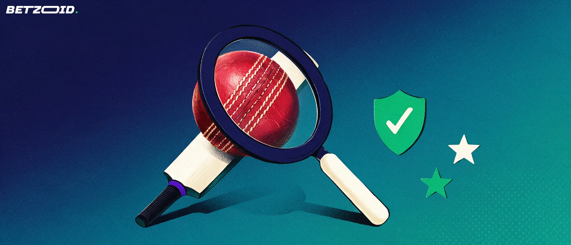Illustration of a magnifying glass inspecting a cricket ball and bat beside a checkmark shield and star shapes.