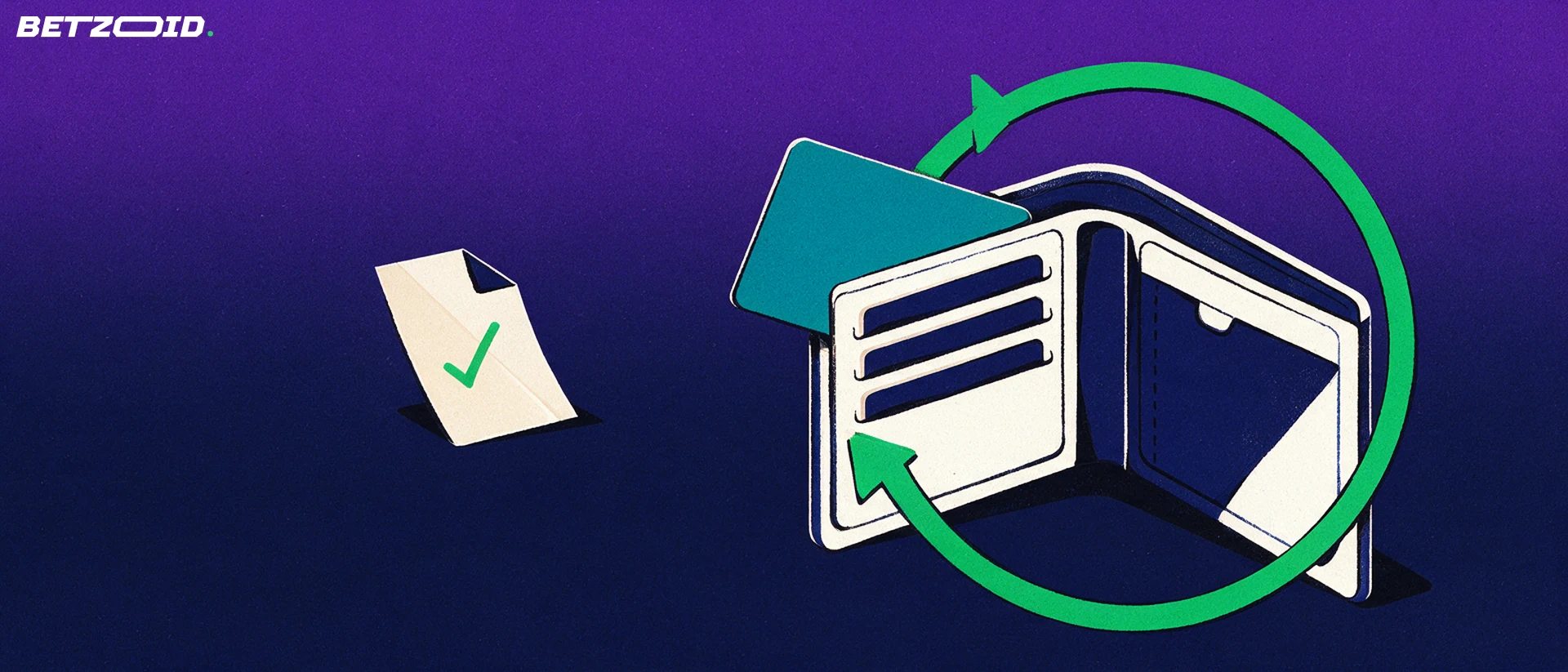 Illustration of an open wallet with a payment card and a circular arrow linking it to a small folded betting slip.