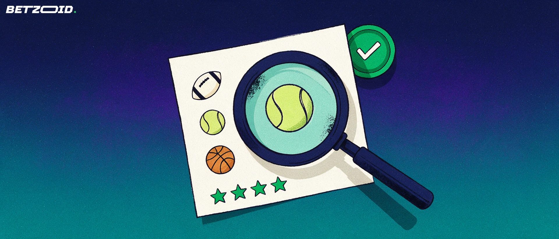Ilustración de una lupa que examina un boleto de apuestas con iconos de fútbol, tenis y baloncesto junto a estrellas de valoración.