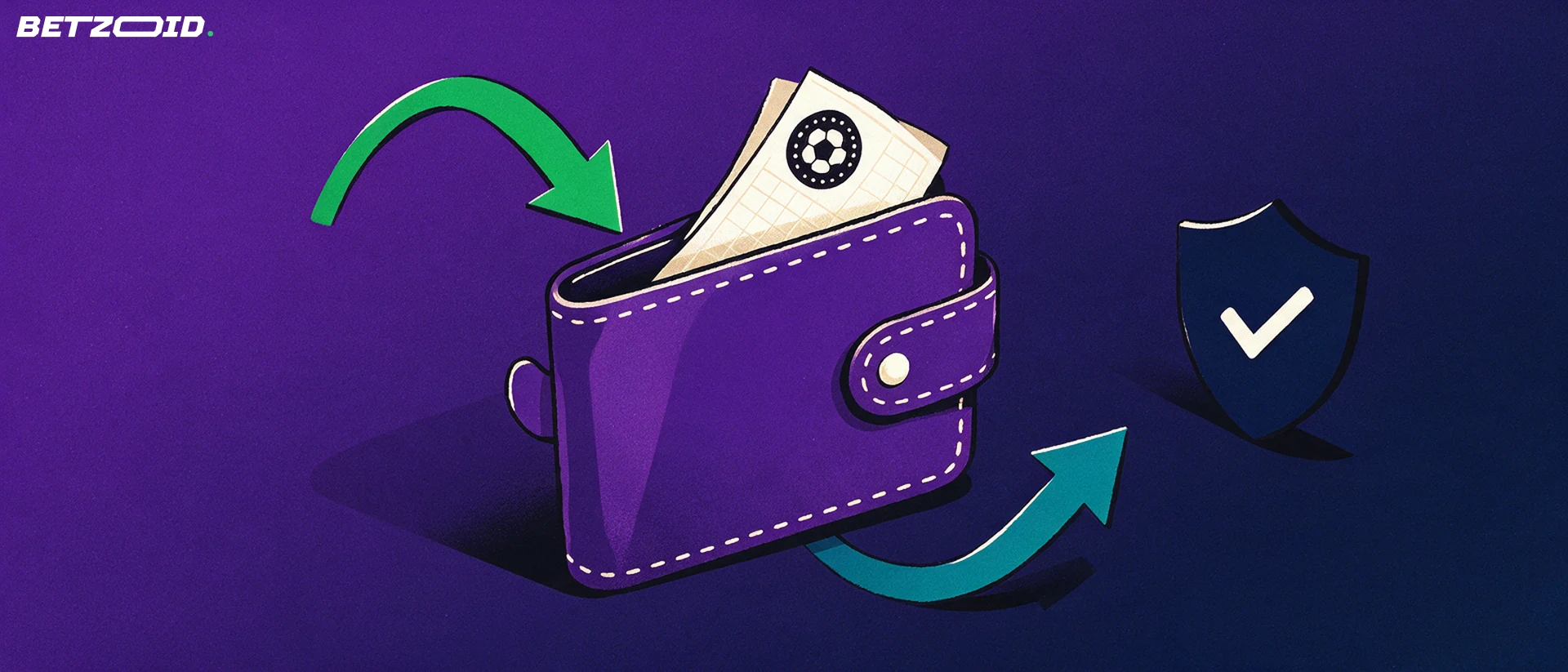 Ilustración de una cartera con flechas de entrada y salida, un boleto de apuestas con un balón de fútbol y un escudo con una marca de verificación.