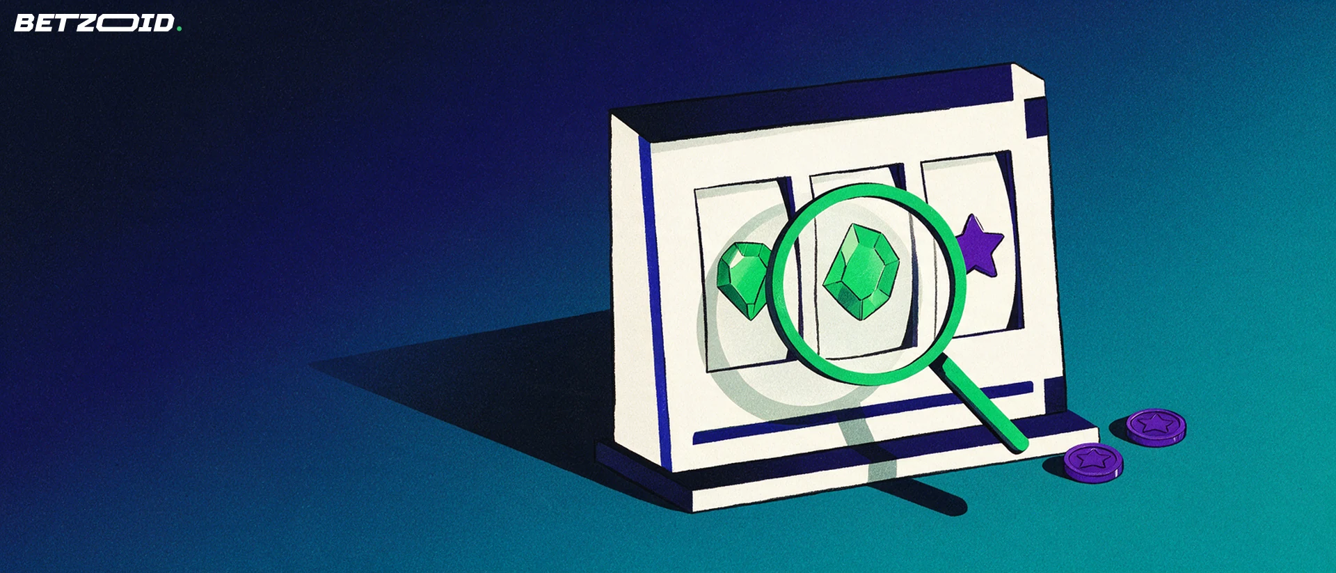 Ilustración de una máquina tragamonedas con símbolos abstractos examinada por una gran lupa verde sobre fondo azul marino.