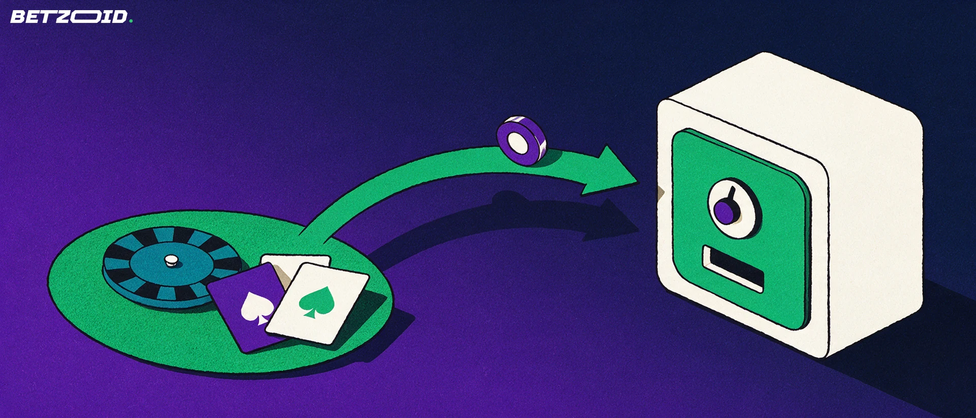 Ilustración de una mesa de casino con cartas y ruleta conectada por una flecha verde con una ficha hacia una caja fuerte de caja registradora.