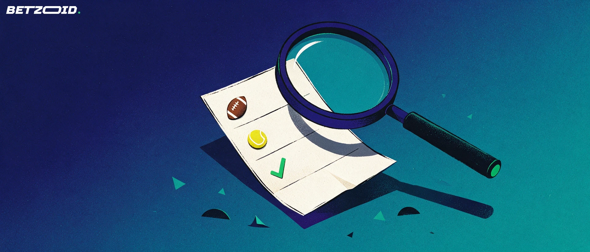 Ilustración de una gran lupa que examina un cupón de apuestas deportivas con iconos de balón, pelota de tenis y una marca de verificación.