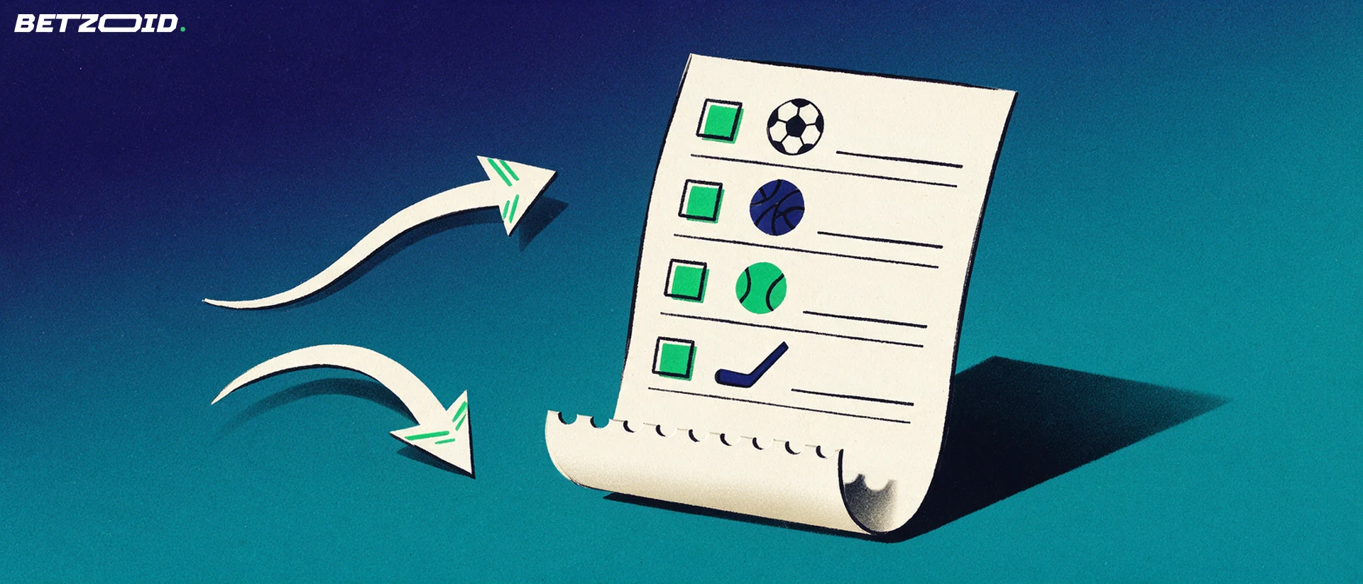 Ilustración de un gran boleto de apuestas con símbolos de fútbol, baloncesto, tenis y hockey en filas, con flechas que señalan las selecciones.