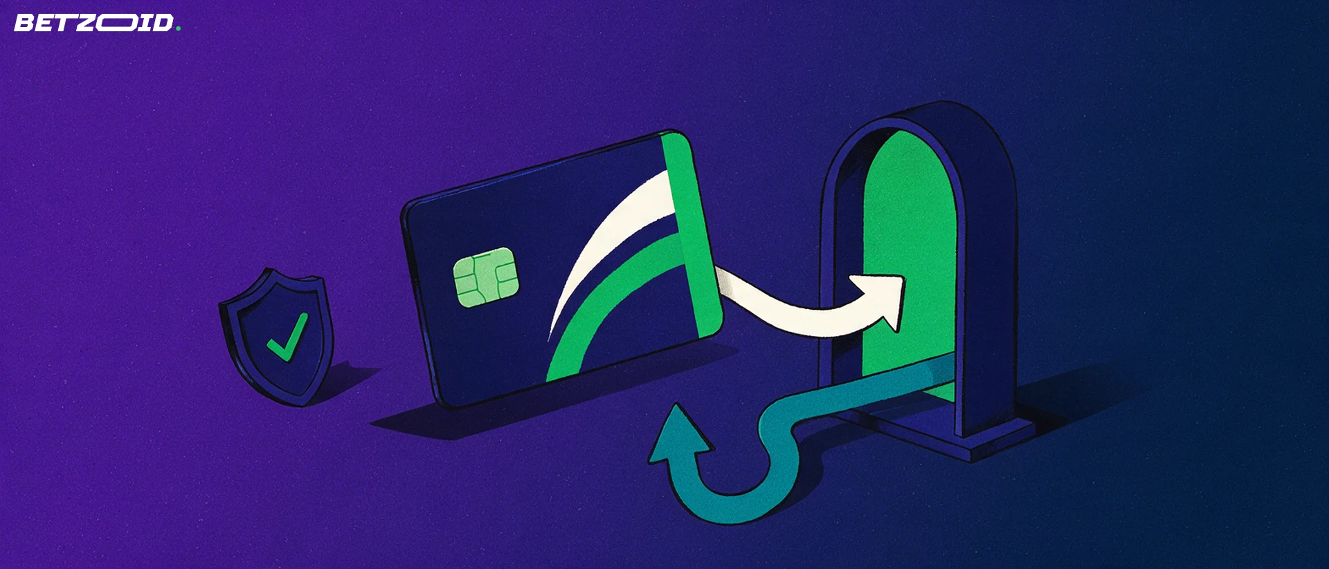 Ilustración de una tarjeta bancaria entrando en una ranura de pago con flechas de ida y vuelta y un escudo con una marca de verificación.