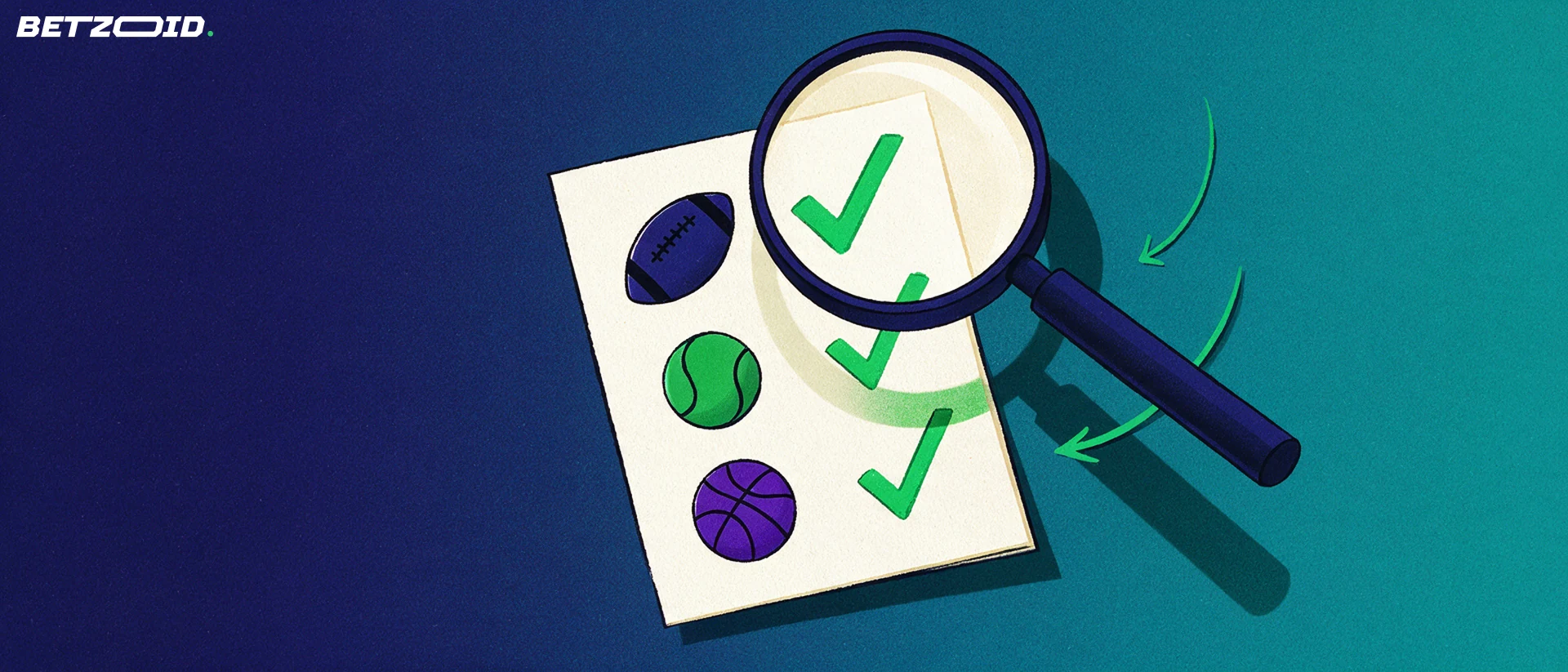 Ilustración de una lupa examinando un boleto de apuestas deportivas con iconos de fútbol, tenis y baloncesto marcados con visto bueno.
