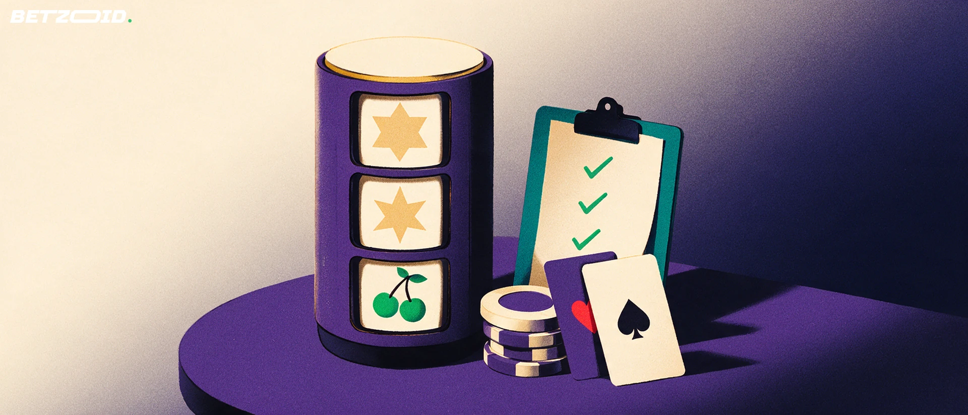 Ilustración de un tambor de máquina tragamonedas con símbolos de juego junto a fichas, cartas y un portapapeles con marcas de verificación.