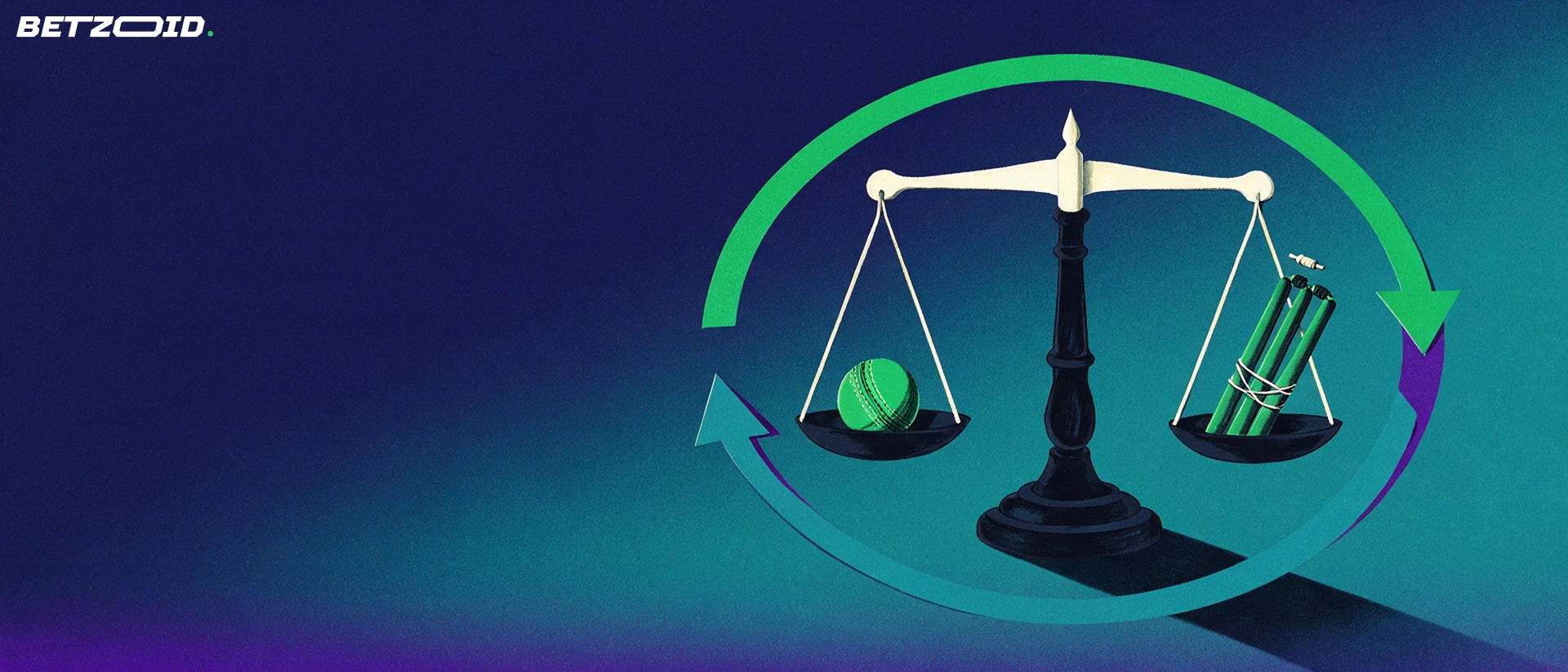 Illustration of a balance scale weighing a cricket ball against cricket stumps, encircled by two opposing arrows.