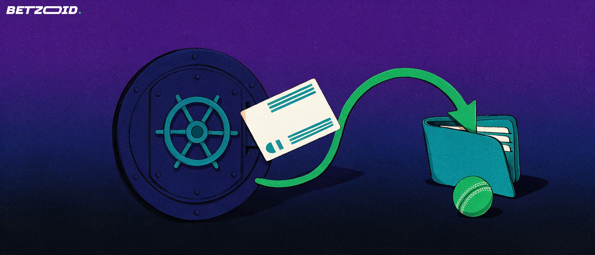 Illustration of a vault with a plain card entering a slot and a green arrow flowing into a wallet beside a cricket ball.