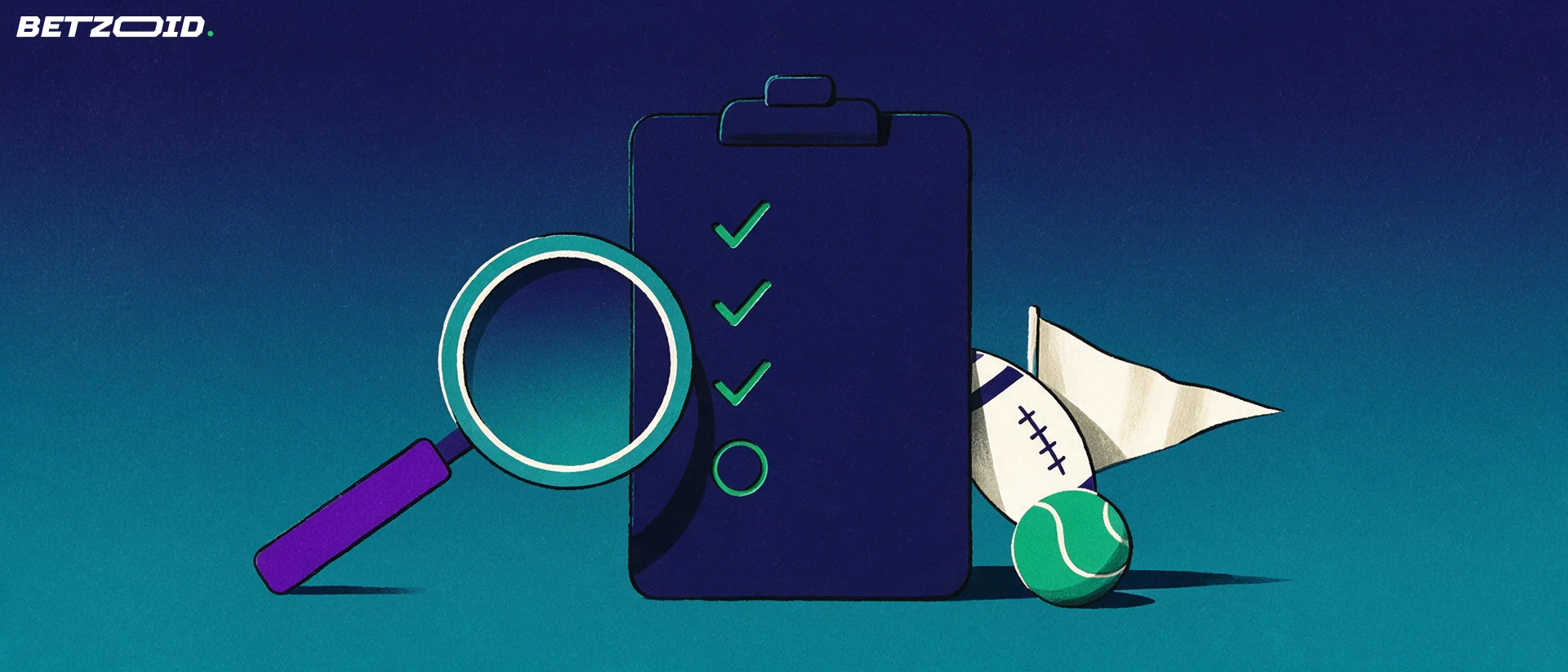 Ilustración de una lupa sobre una tabla con marcas de verificación junto a un balón de fútbol y una pelota de tenis.