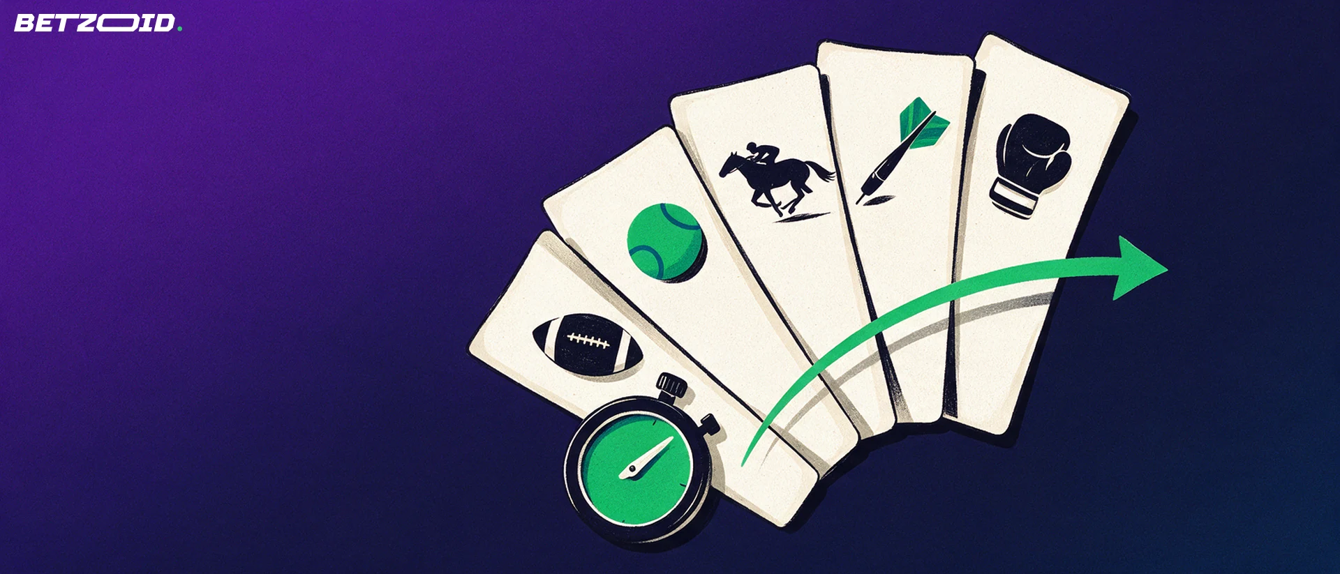 Illustration of a fanned set of blank betting slips with sport pictograms next to a stopwatch and a curved arrow.