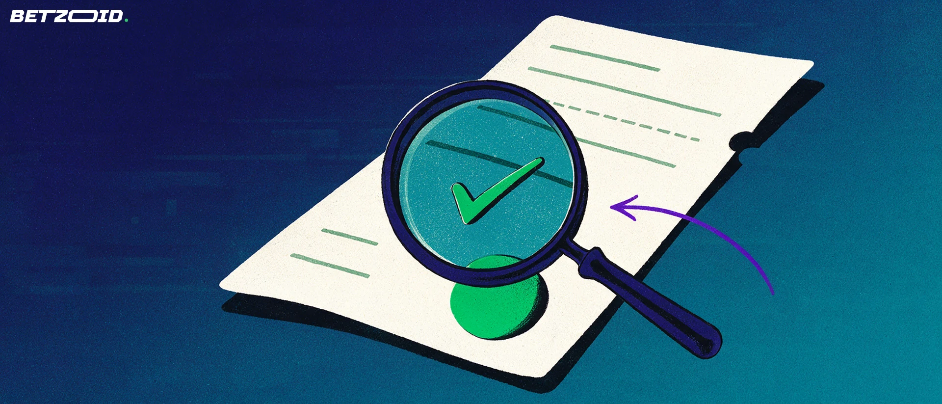 Illustration of a magnifying glass inspecting a betting slip marked with a green checkmark