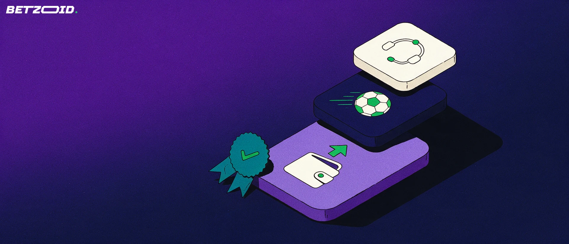 Illustration of three stacked tiles showing a wallet, a moving ball and a support headset beside a checkmark seal
