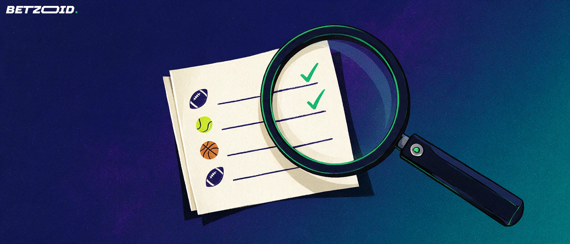 Ilustración de una gran lupa que examina un boleto de apuestas con iconos de fútbol, tenis y baloncesto y marcas de verificación.