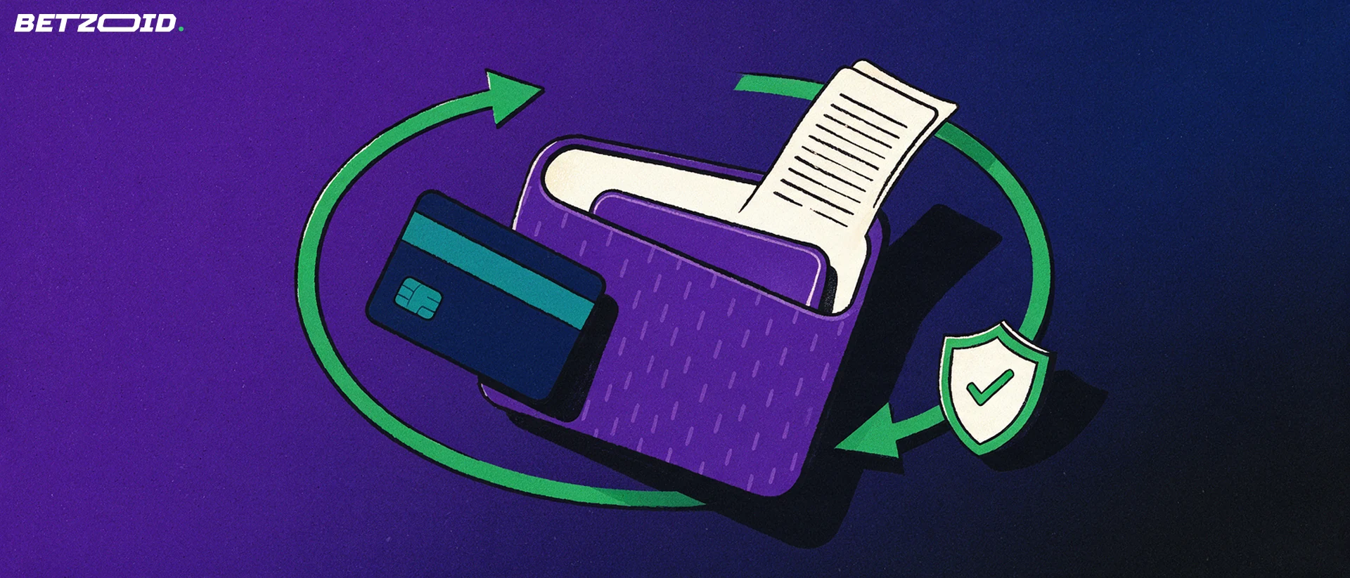 Ilustración de una billetera con una tarjeta de pago y un boleto de apuestas, rodeadas por una flecha circular y un escudo con marca de verificación.