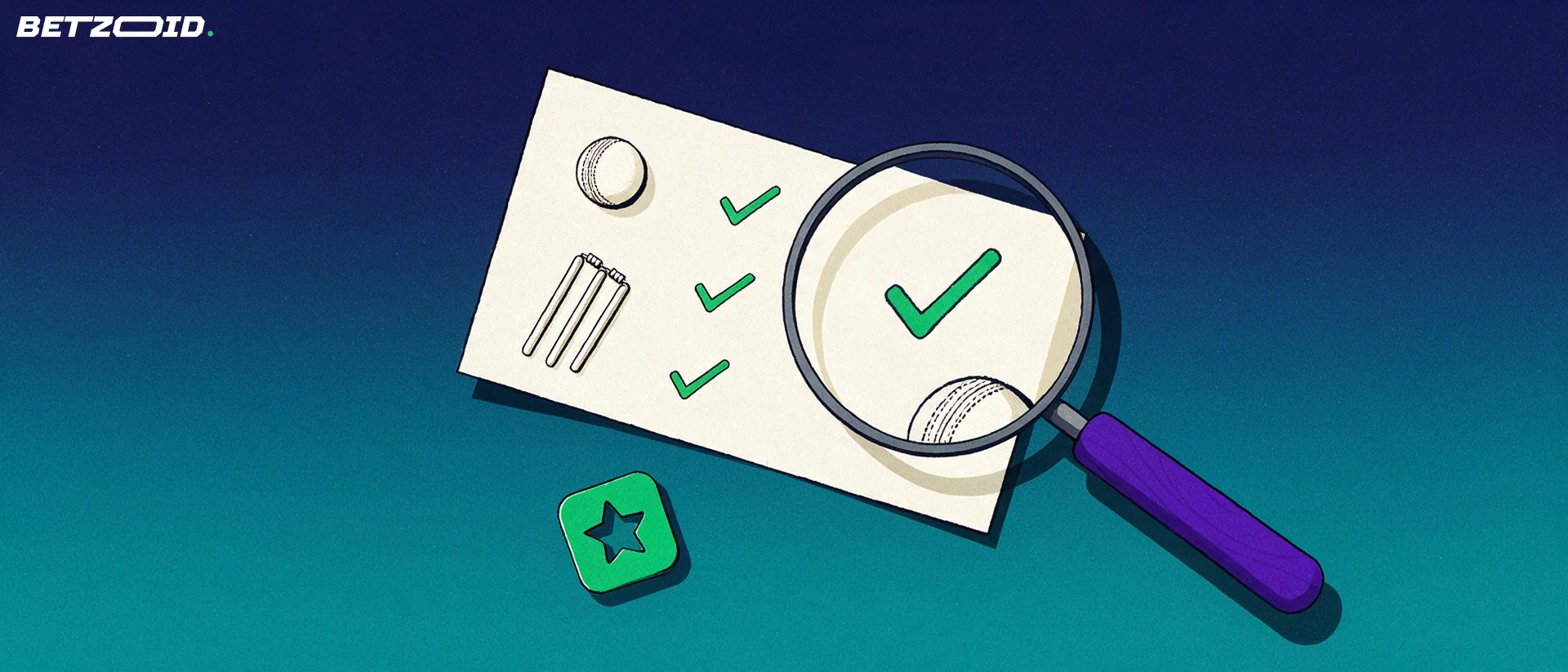 Illustration of a magnifying glass examining a betting slip marked with a cricket ball, wickets and check marks.