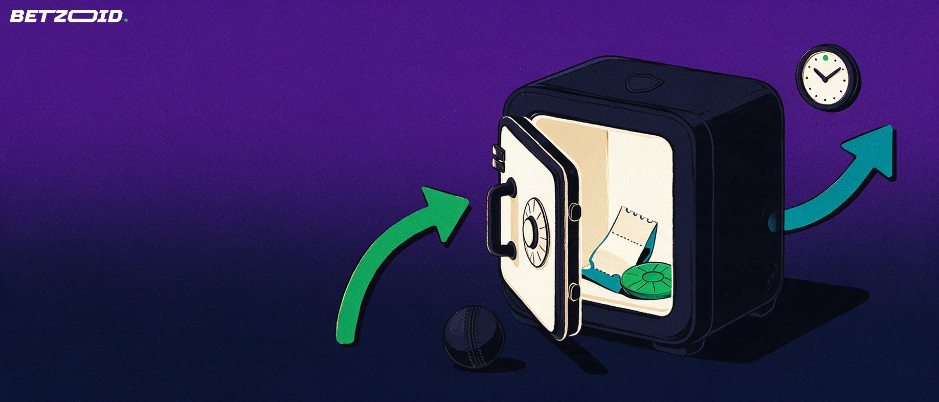Illustration of an open safe with incoming and outgoing arrows, a cricket ball and a clock-dial badge beside it.