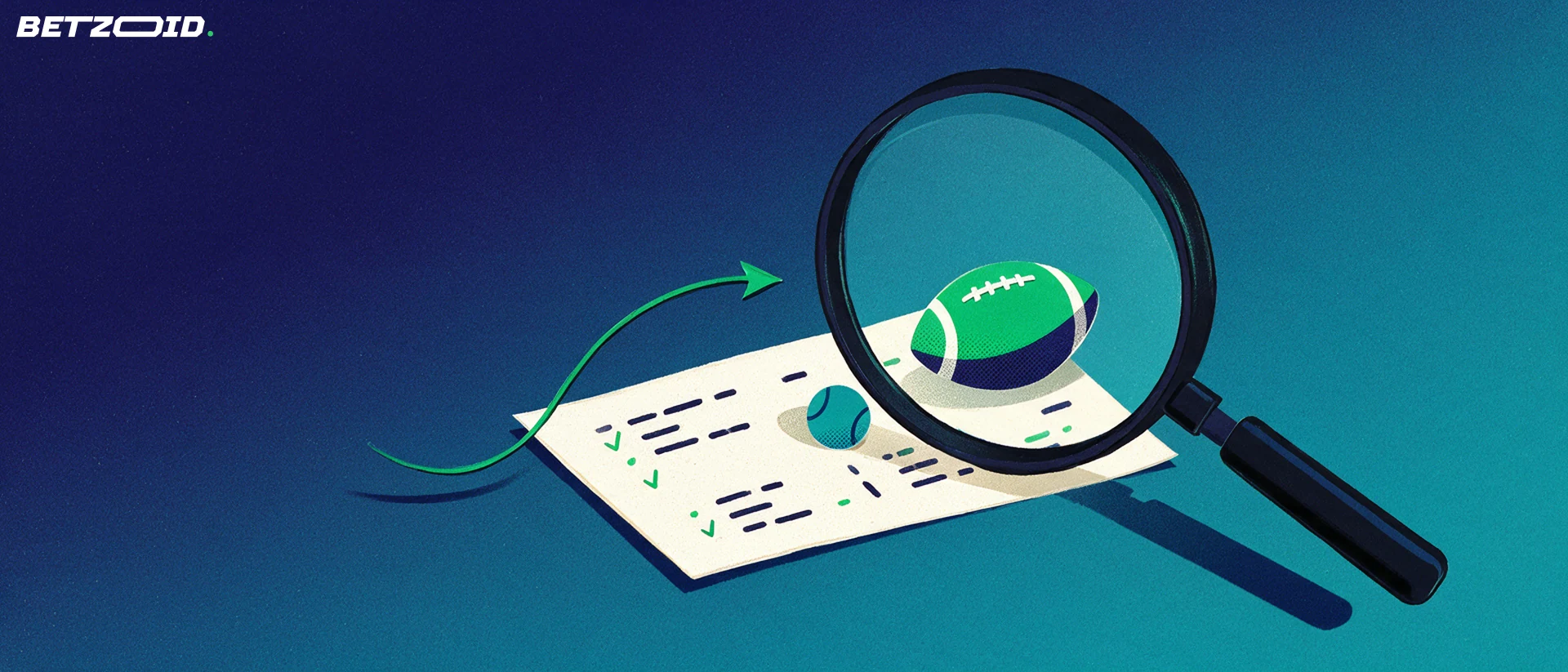 Ilustración de una lupa que amplía un boletín de apuestas con marcas de verificación, junto a un balón de fútbol y una pelota de tenis.