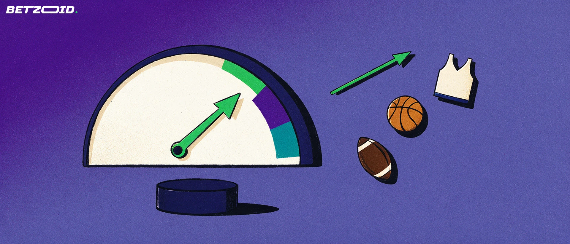 Ilustración de un gran medidor semicircular con aguja verde que evalúa fichas planas con símbolos de fútbol, baloncesto y una camiseta deportiva.