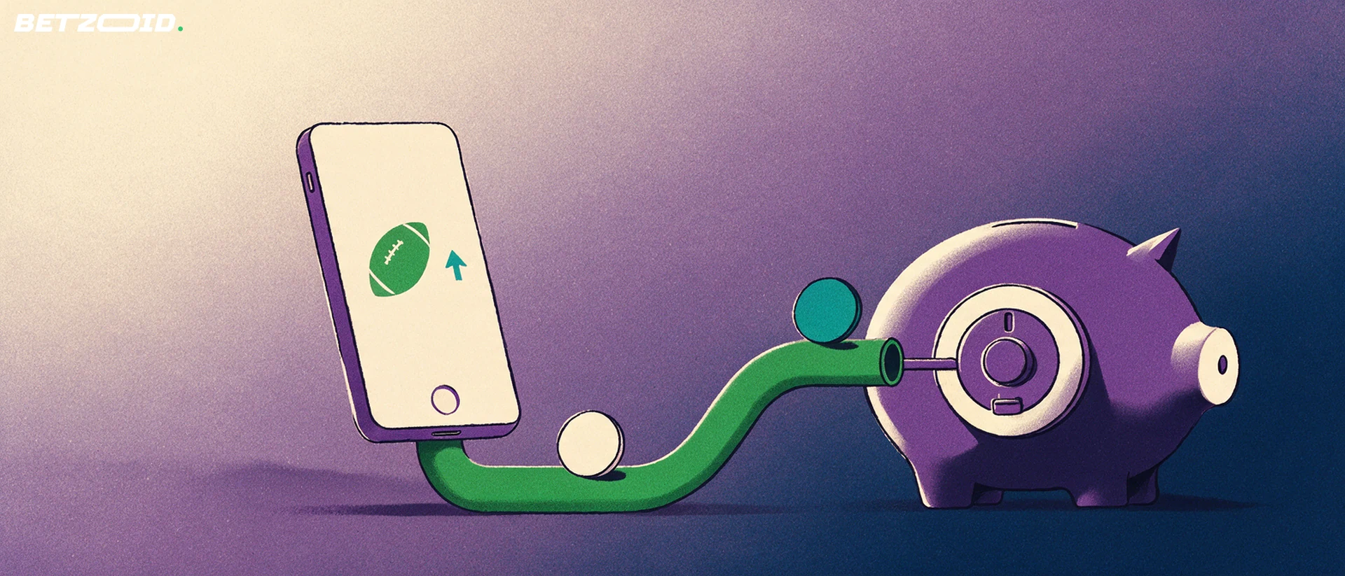 Ilustración de un teléfono con símbolos deportivos conectado por una tubería a una caja fuerte, representando depósitos y retiros en apuestas móviles.