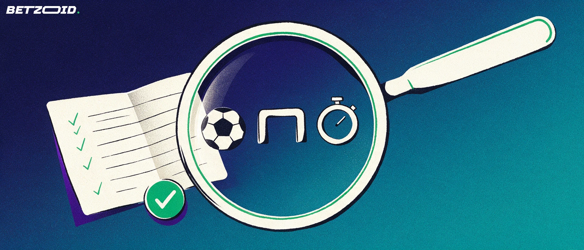 Ilustración de una lupa grande que examina un boletín de apuestas con marcas de verificación y símbolos deportivos geométricos dentro del cristal.