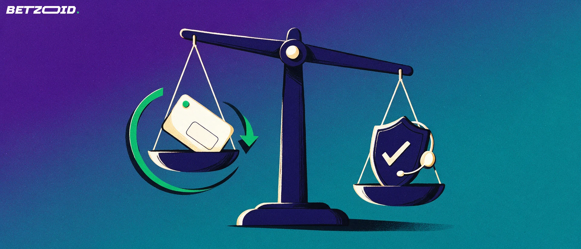 Ilustración de una balanza que sostiene una tarjeta de pago con flechas circulares en un platillo y un escudo con una marca de verificación junto a unos audífonos en el otro.
