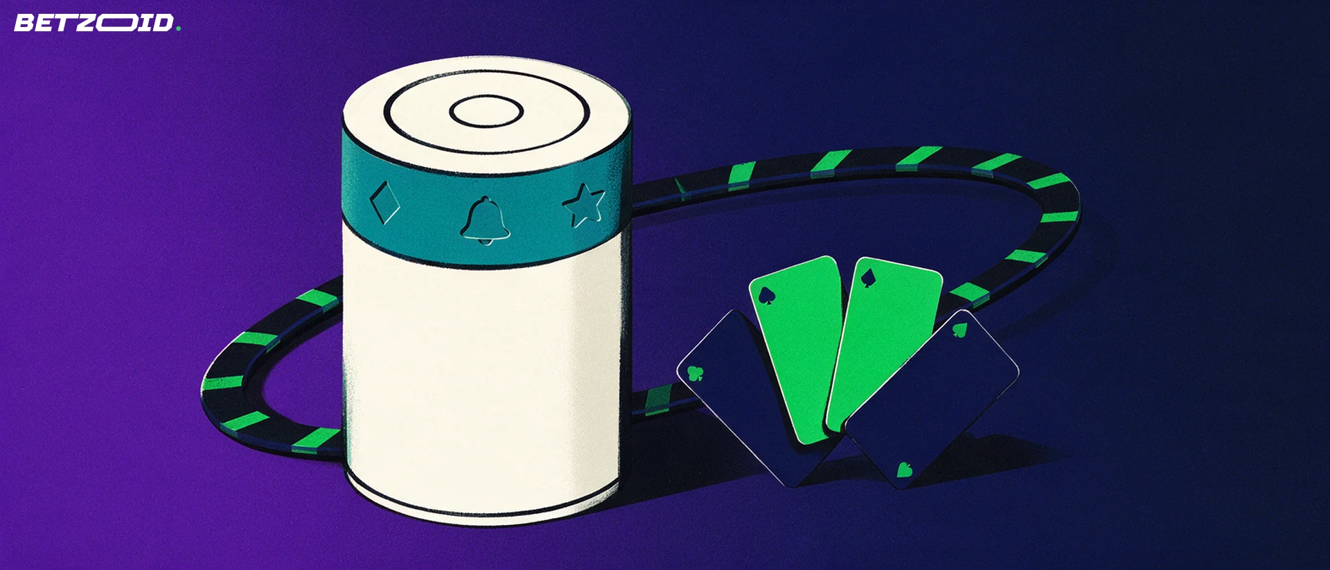 Ilustración de un tambor de tragamonedas con símbolos simples, un abanico de cartas y el borde curvo de una ruleta sobre fondo violeta azulado.