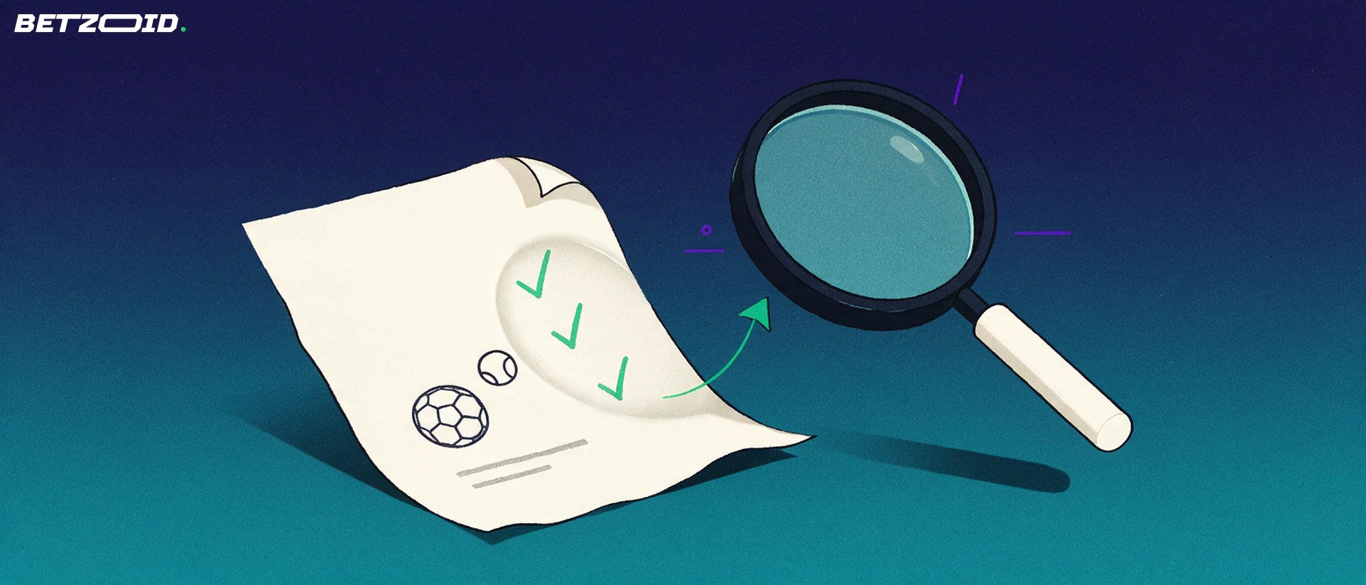 Ilustración de una gran lupa que examina un boletín de apuestas con marcas de verificación y símbolos deportivos sencillos.
