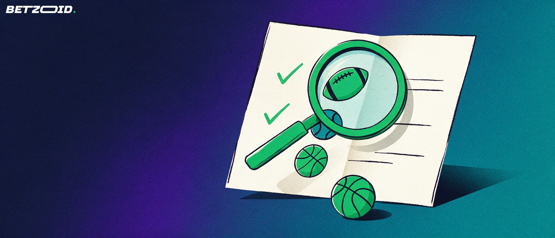 Ilustración de un boletín de apuestas deportivas con iconos de fútbol, tenis y baloncesto, revisado con una gran lupa.