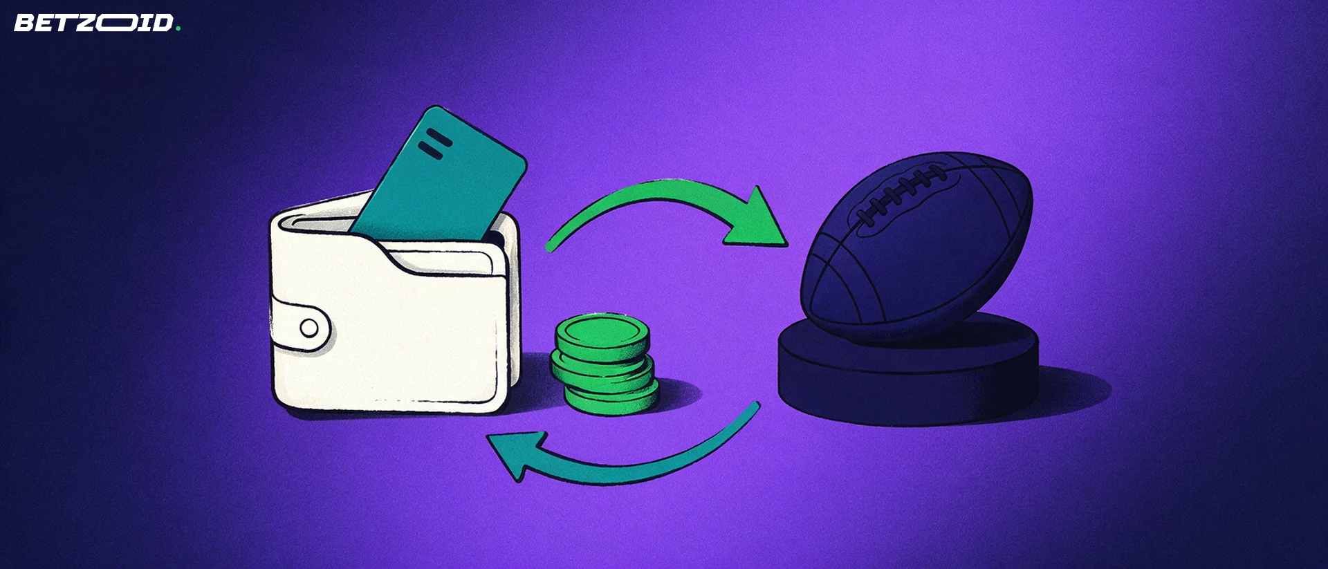 Ilustración de una billetera con una tarjeta de pago y fichas, unida por flechas curvas a un balón de fútbol sobre un pedestal.