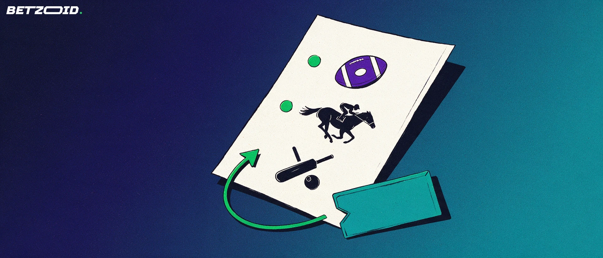 Illustration of a tilted betting slip card showing football, horse racing and cricket symbols with a green arrow pointing to a selection tag.