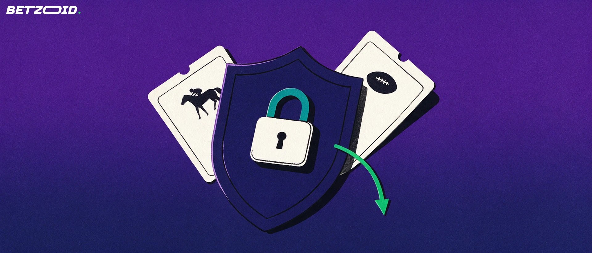 Illustration of a navy shield with a padlock protecting two betting slips marked with horse racing and football symbols.