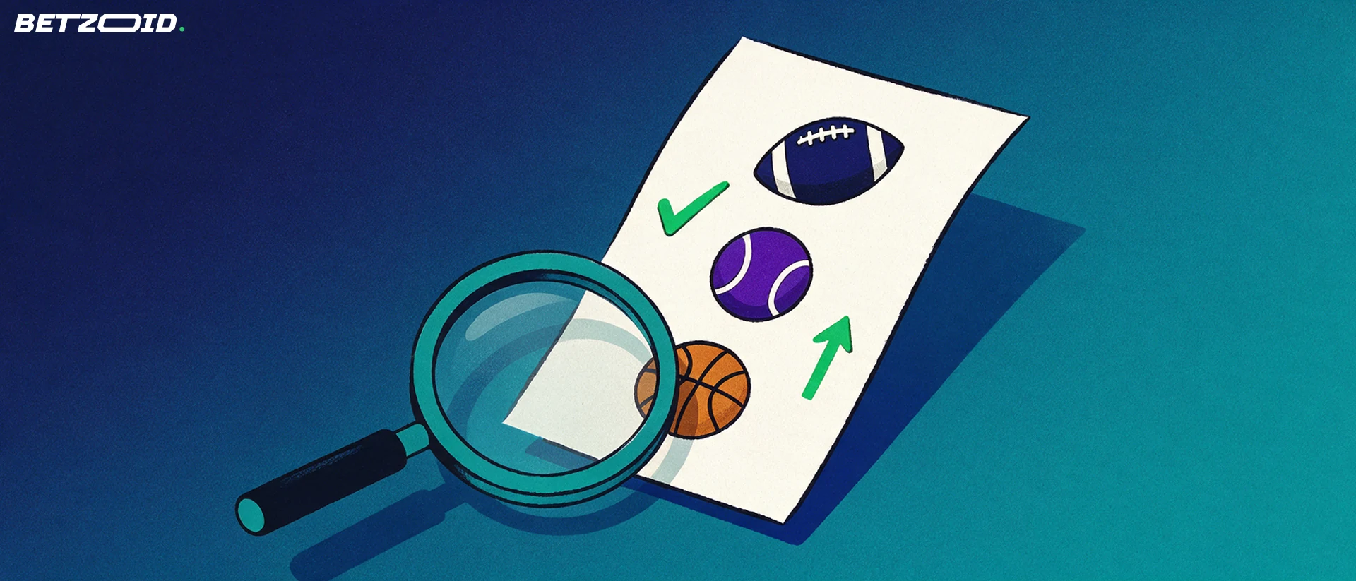 Ilustración de un boleto de apuestas con símbolos de fútbol, tenis y baloncesto examinado con una lupa.