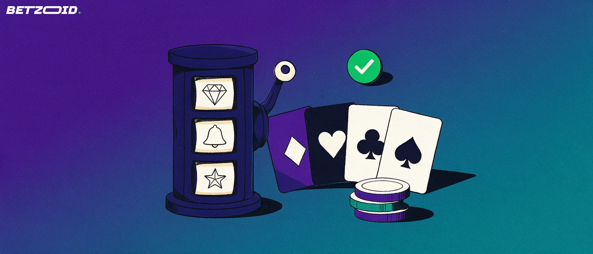 Ilustración de un tambor de tragamonedas junto a un abanico de cartas y una pila de fichas de casino.