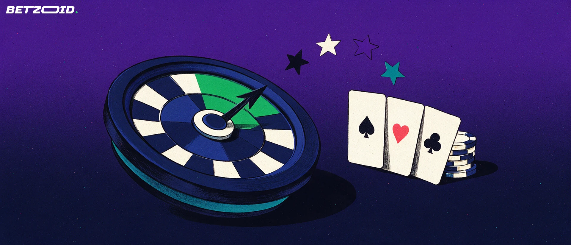 Ilustración de una rueda de ruleta convertida en dial con una aguja que señala un sector verde, con naipes, fichas y una hilera de estrellas geométricas.