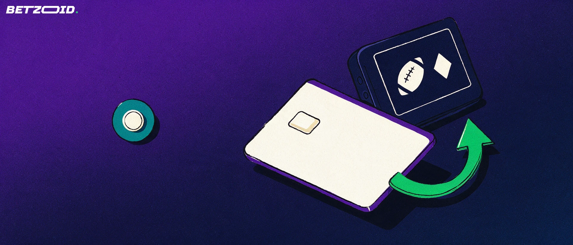 Ilustración de una tarjeta bancaria sin marca y una flecha verde que apunta hacia un dispositivo con símbolos de fútbol y de carta.