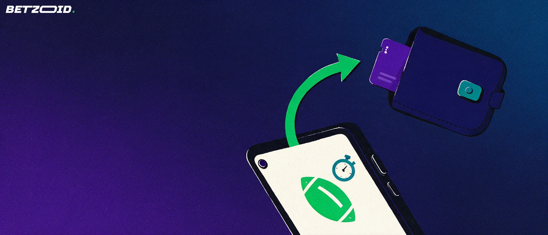 Ilustración de un teléfono con símbolos deportivos conectado por una flecha verde a una billetera con una tarjeta.
