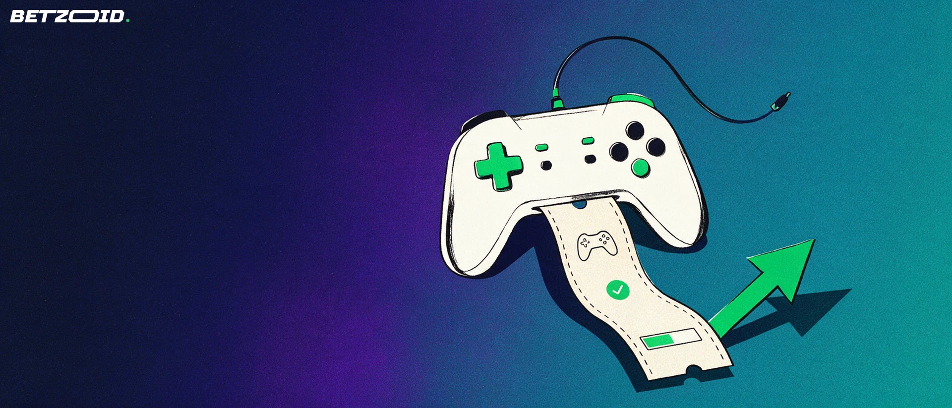 Illustration of a game controller printing a long betting slip with small sport icons and a rising green arrow.