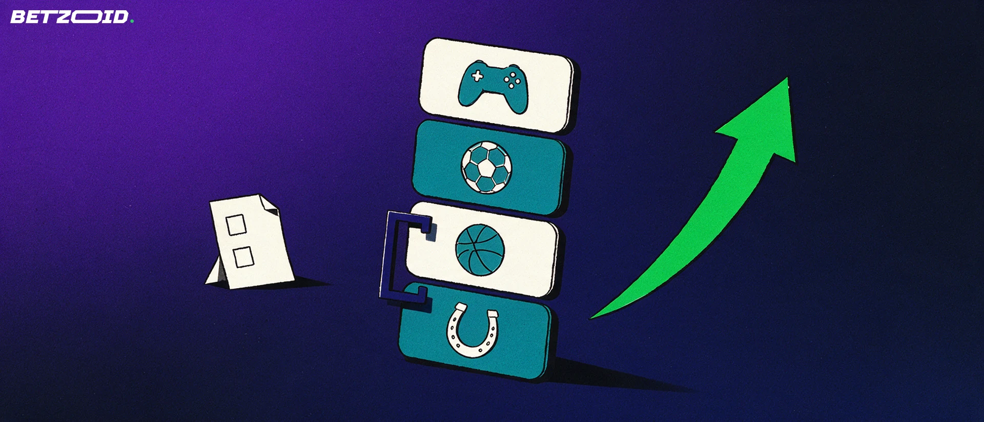 Illustration of a stacked betting market board with controller, football, basketball and horseshoe symbols beside a small paper slip.