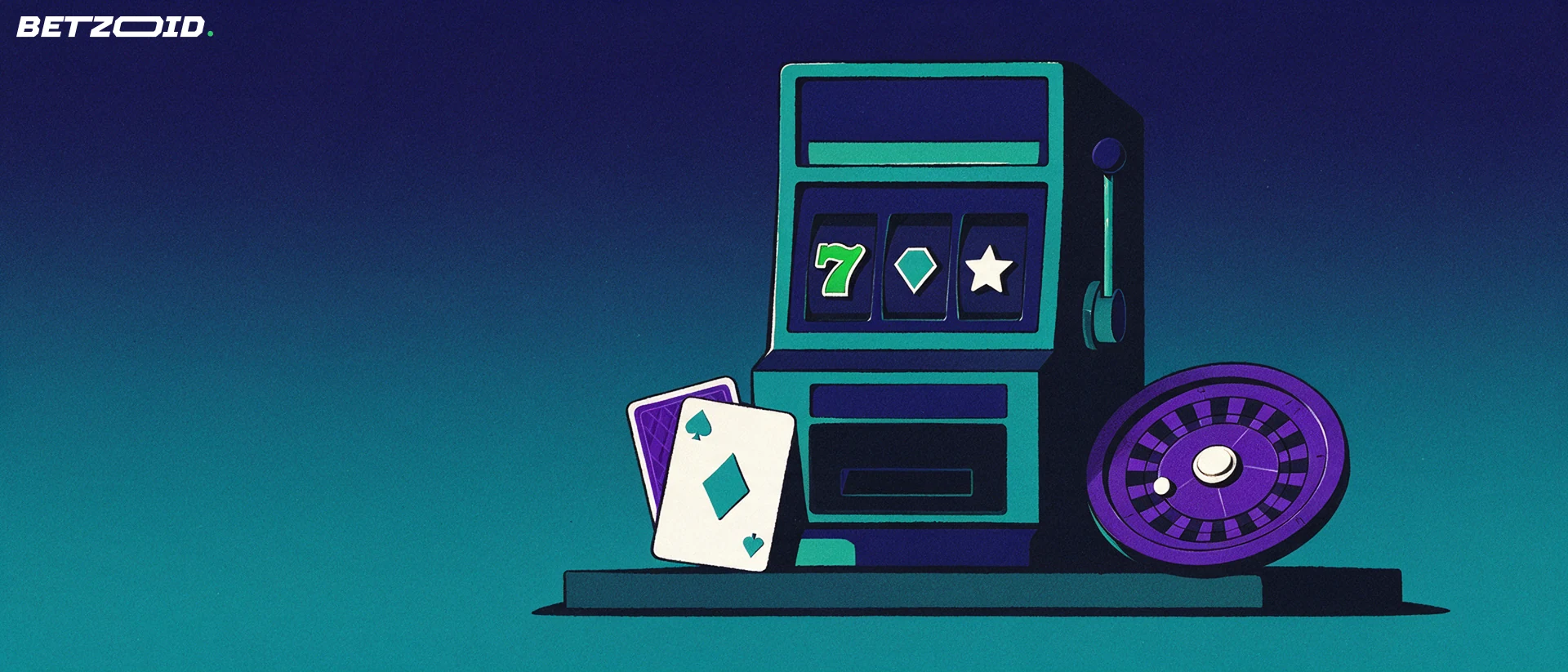 Ilustración de una máquina tragamonedas con tres símbolos en los rodillos, junto a dos cartas y una ruleta sobre un fondo azul y turquesa.
