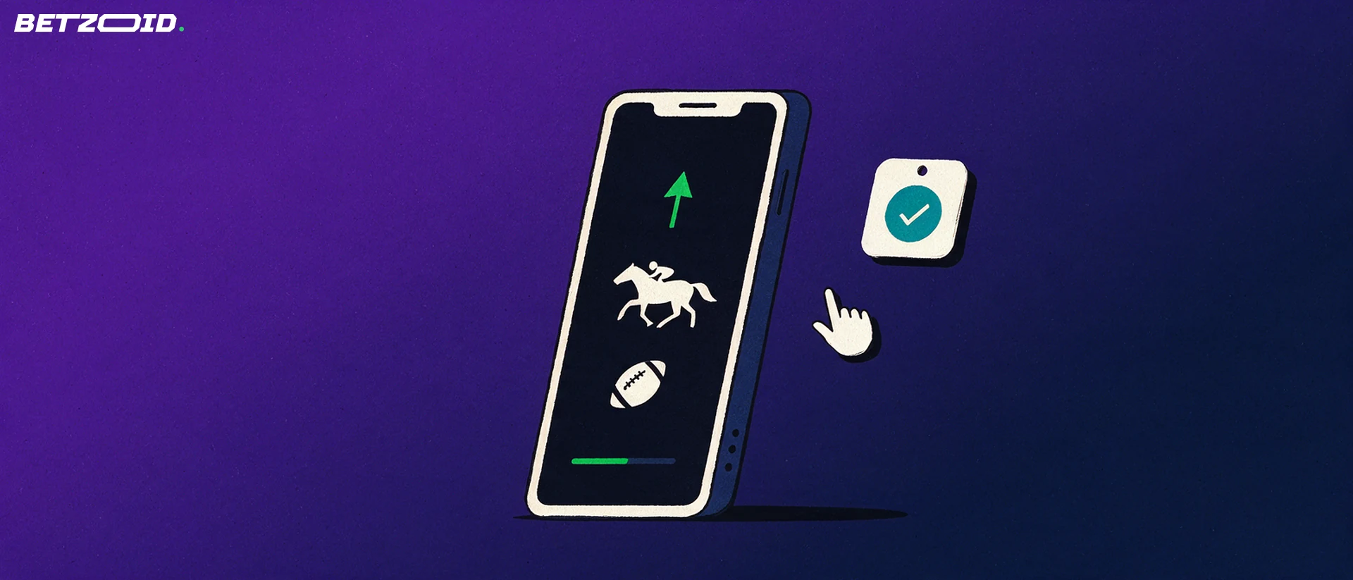 Illustration of a smartphone displaying simple football, horse racing and arrow symbols beside a checkmark card.