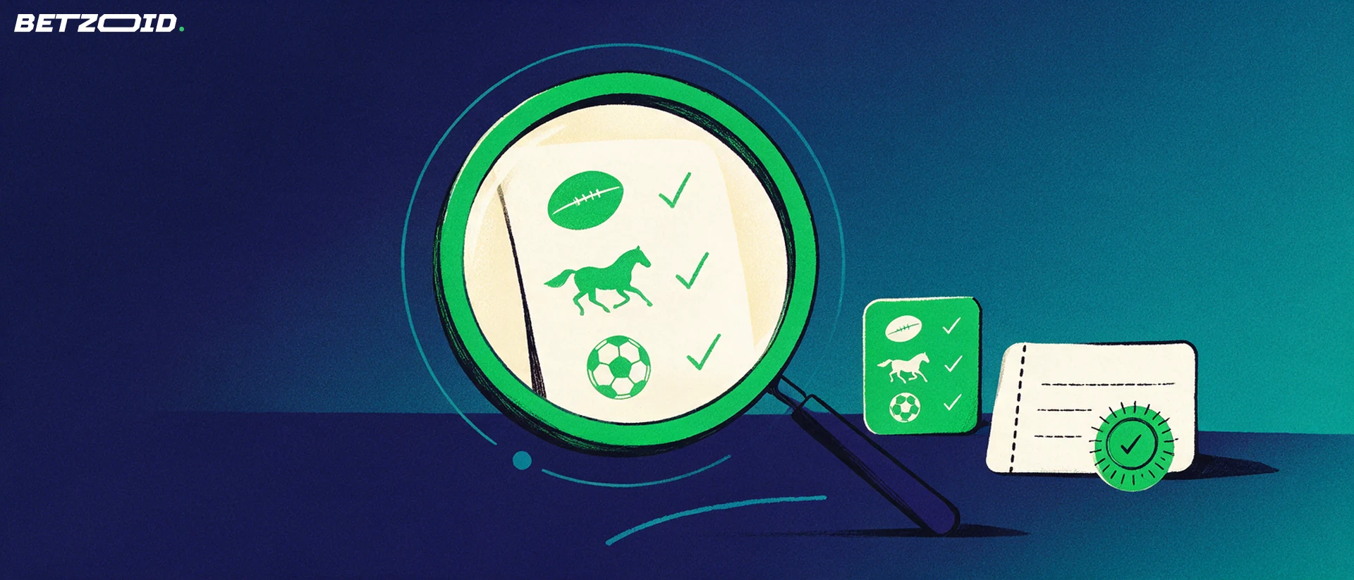 Illustration of a large magnifying glass enlarging a betting slip marked with rugby ball, horse and soccer ball symbols.