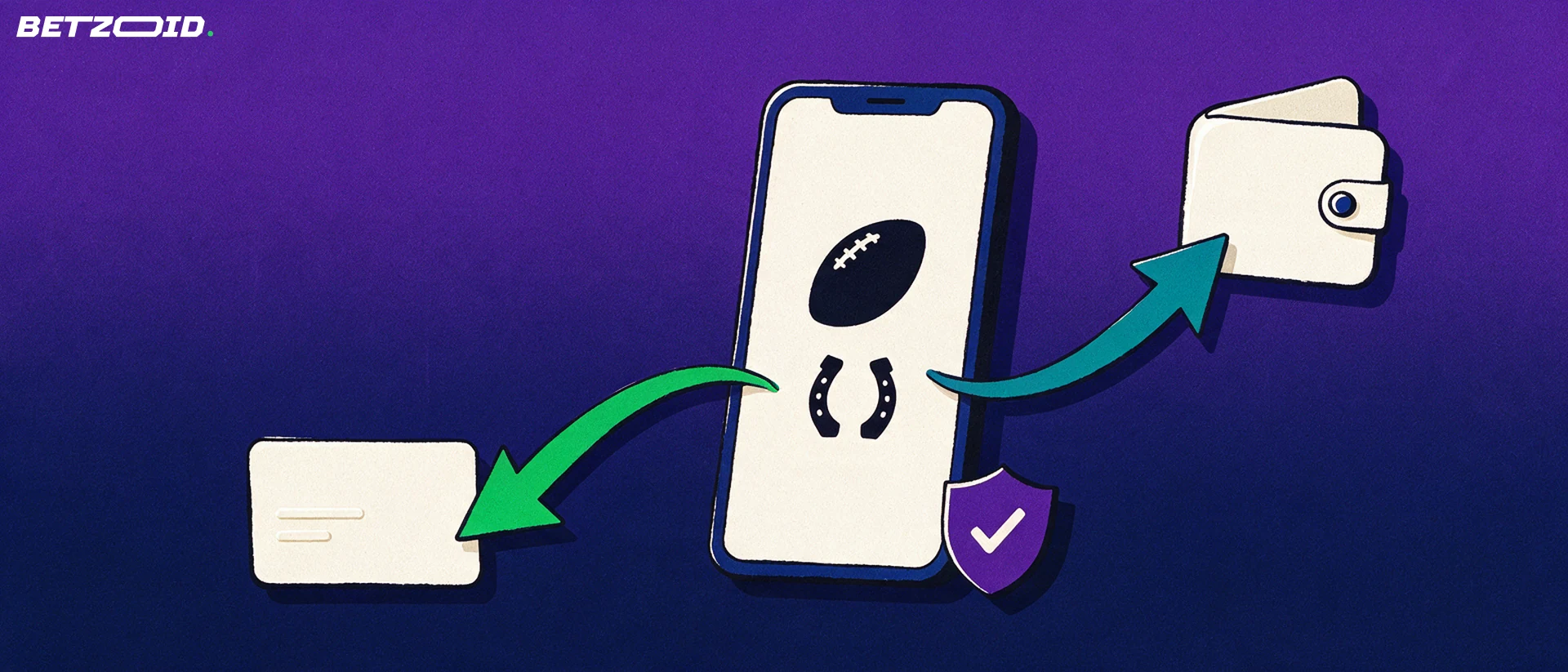 Illustration of a smartphone showing sport symbols with curved arrows linking it to a plain payment card and a wallet.