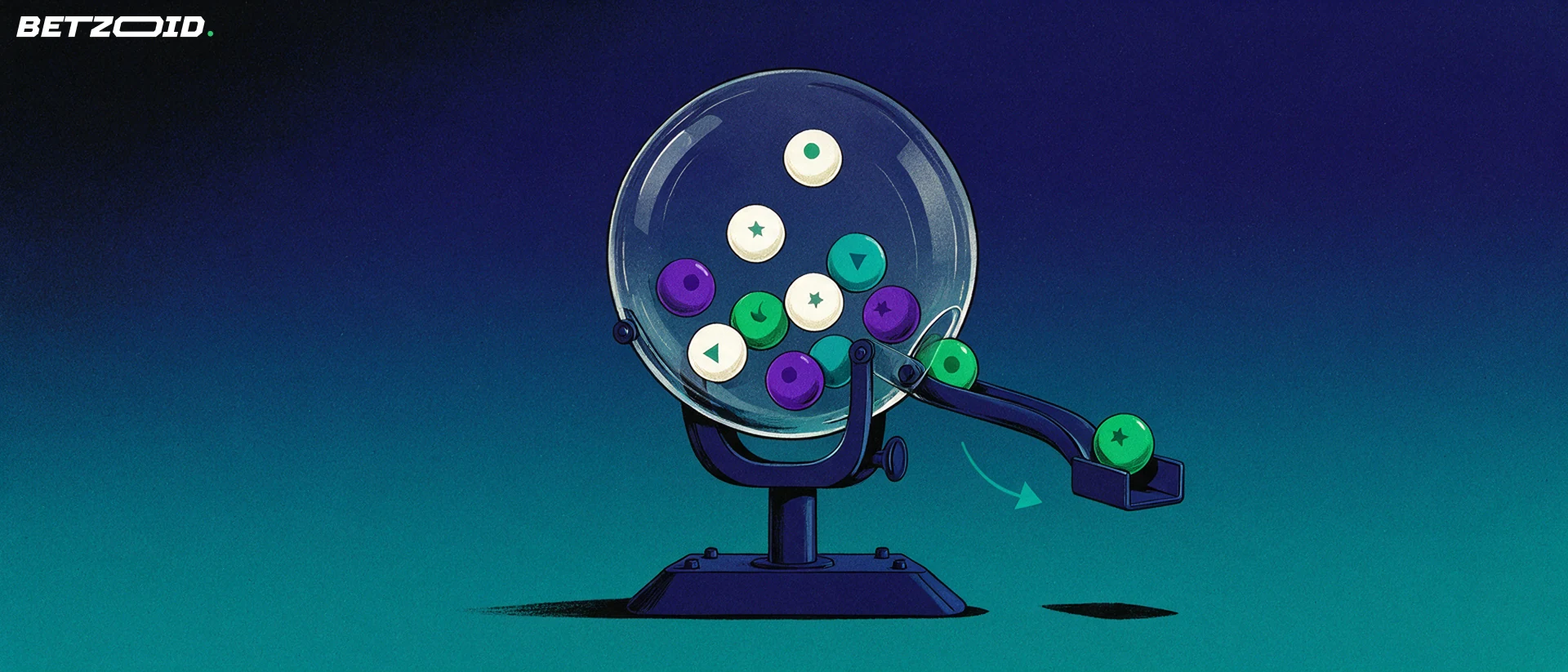Ilustración de un bombo de sorteo con bolas de colores y una bola saliendo por el conducto hacia un soporte.